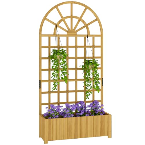 Outsunny Spalier mit Pflanzkasten Holz Blumenkasten mit Drainageloch Rankgitter 90 x 30 x 180 cm Pflanzkübel Hochbeet Gartenspalier Blumenkübel Rankkasten für Garten Balkon Terrasse Naturholz
