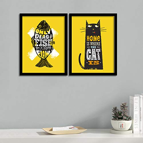 Image of PAINTINGMANTRA Motivational Quote Wall Art Painting for living room, cat motivational framed painting, set of 2, 13x18 Inch