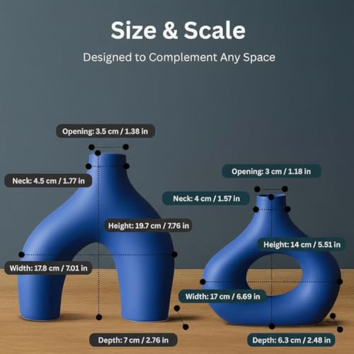 Image of PUREZENTO Abstract Blue Ceramic Donut Vase 5.4 & 7.7 Inch - Set of 2 | Decorative Unique Modern Vase for Dried Flowers & Pampas Grass | Vases for Modern Home Decor, Living Room, Office Decor Ideas