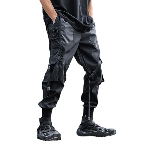 XYXIONGMAO Men's Black Streetwear Trousers Goth Sweatpants Techwear Hip Hop Multi-Pocket Cargo Pants with Straps for Men