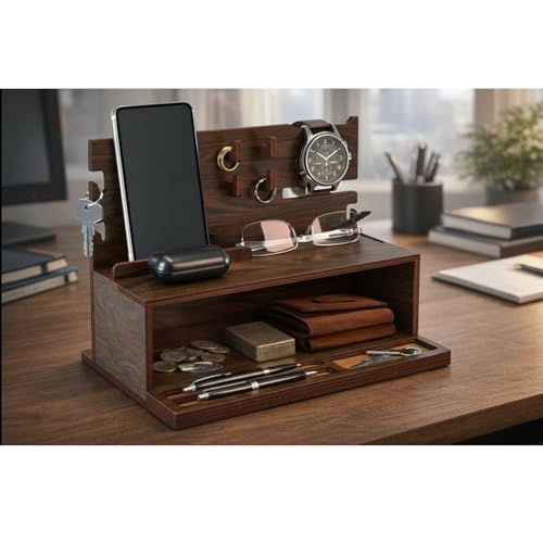 Image of Executive Wooden Docking Station for Men | Mobile, Glasses & Wallet Organizer with Key Hooks and Storage Shelf | Luxury Desk Organizer for Office & Bedside Table | Size: 11 x 8 x 6 Inch