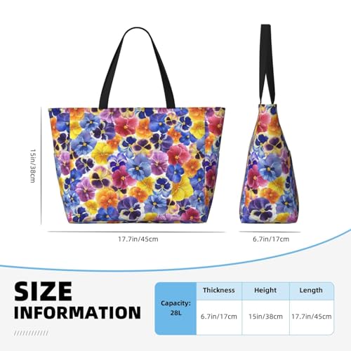The Garden Tricolor Pansy Flower Print Large Beach Tote Bag for Women Extra Large Capacity Sandproof Waterproof Pool Bag Suitable for Swimming Pool Gym Groceries Travel4