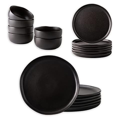 AmorArc Ceramic Dinnerware Set, Wavy Rim 10.5 Inch Stoneware Dish Set, Large Dinnerware,Scratch Resistant-Reactive Glaze Black Cover