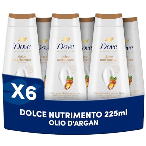 Dove Bagnoschiuma Dolce Nutrimento, Bagnodoccia Idratante, Formula Delicata sul Microbioma della Pelle, con Agenti Idratanti Vegetali, Senza Solfati SLES, Bagnodoccia Uomo e Donna, 6 Pezzi da 225 ml