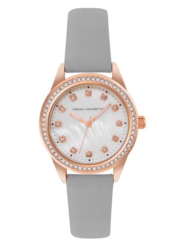 French Connection 3 Hands White Round Dial Leather Strap Casual Premium MOP Dial with Bracelet Wrist Giftset Watch for Women - FCW15GRL
