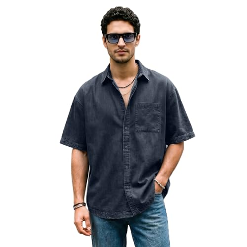 Image of Urbano Fashion Men's Oversized Fit Half Sleeve Washed Casual Denim Shirt