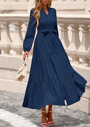 PRETTYGARDEN Womens Fall Maxi Dresses 2025 Casual Long Sleeve V Neck Button Down Flowy A Line Tiered Shirt Dress with Pockets3