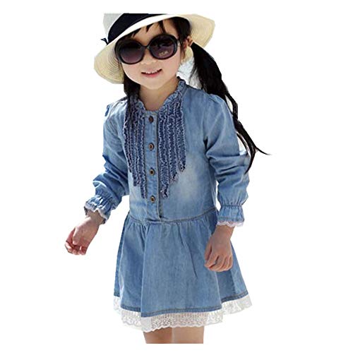 FTSUCQ Girls Cotton Blue Lace Long Sleeve Dress