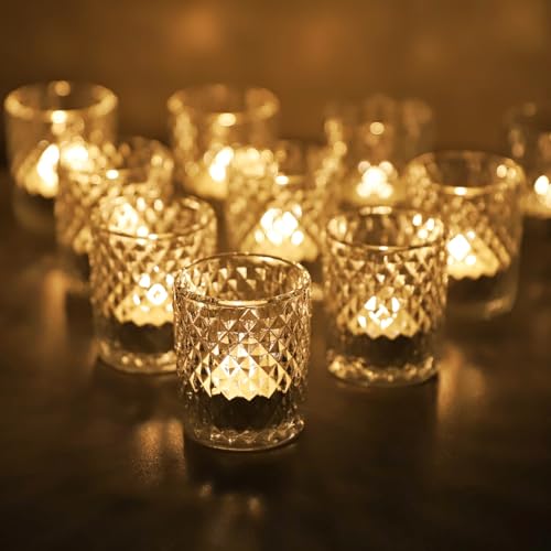 Vohocandle Diamant Photophore Verre, Lot de 12 Transparent Bougeoir Verre de Décoration d'Intérieur, Chandelier Bougeoir Chauffe-Plat pour Les Mariages et Les Fêtes...
