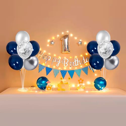 Image of ZJDHPTY 4 Set Navy Blue Silver Balloon Stand Table Centerpieces Party Decor | Retirement Party Decorations,Balloon Centerpieces for Birthday Graduation Wedding Anniversary New Years Eve Party Supplies