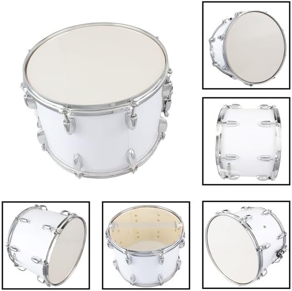 14 x 10 Inches Marching Drum with Drumsticks, Key & Strap – White (School Band Percussion Instrument)