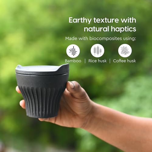 Image of Eha Earth Friendly Rafter Coffee Mug with Lid | Tea Cup Set | 175 ml | Made with Rice Husk | Microwave Safe Mugs for Gifting | 2 Unit | Charcoal