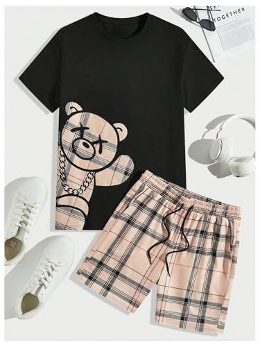 Men's Casual Outfits Short Sleeve Cartoon Bear T Shirt and Drawstring Plaid Shorts Tracksuits Set3