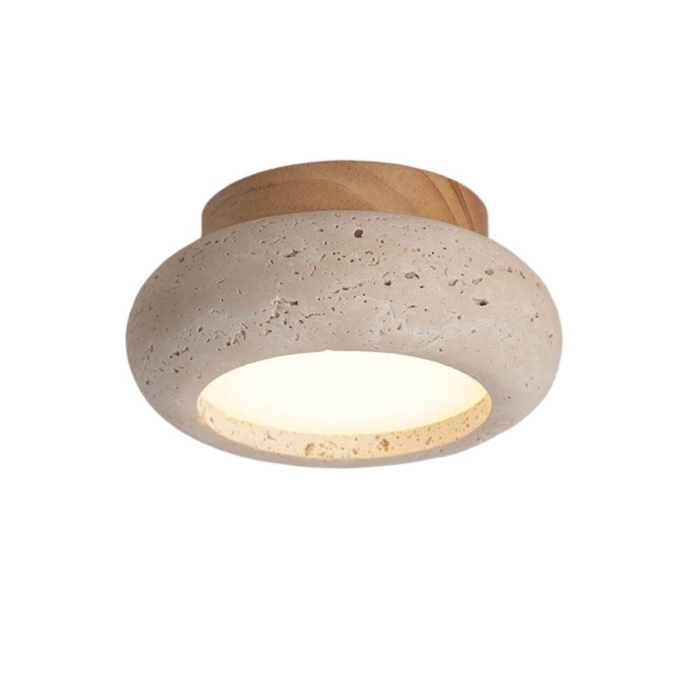 LYOUAE Mid Century Yellow Travertine Ceiling Light Round Natural Stone Ceiling Lamp
