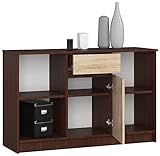 Cómoda BDW con 1 cajón y 1 puerta, aparador, armario multifunción, para salón, comedor, 120 x 77 x 40 cm, color wengué – roble sonoma.