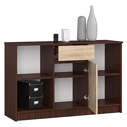 BDW byrå med 1 låda och en dörr, skänk, multifunktionsskåp, vardagsrum, matsal 120 x 77 x 40 cm många färger! (smal – Sonoma-ek)