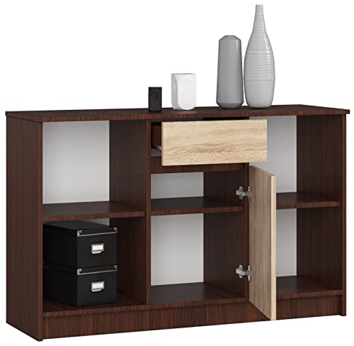 Cómoda BDW con 1 cajón y 1 puerta, aparador, armario multifunción, para salón, comedor, 120 x 77 x 40 cm, color wengué – roble sonoma.