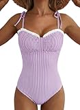 Herseas Womens Tummy Control One Piece Bathing Suits High Cut Bathing Suit Tie Shoulder Swim Suits Classic 2026 Summer Cruise Outfits Beachwear Purple Stripe Medium