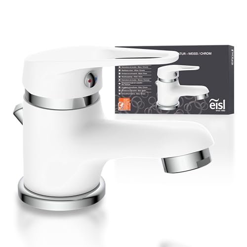 Preisvergleich Produktbild EISL Waschtischarmatur SPEED, Badarmatur, Einhebelmischer mit Ablaufgarnitur, besonders platzsparender Wasserhahn ideal für kleine Waschbecken, Chrom / Weiß