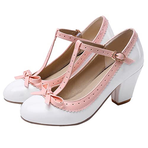 UniqueStride Womens T Strap Mary Janes Chunky High Heels Pumps Closed Round Toe Buckle Bow Vintage Patent Shoes