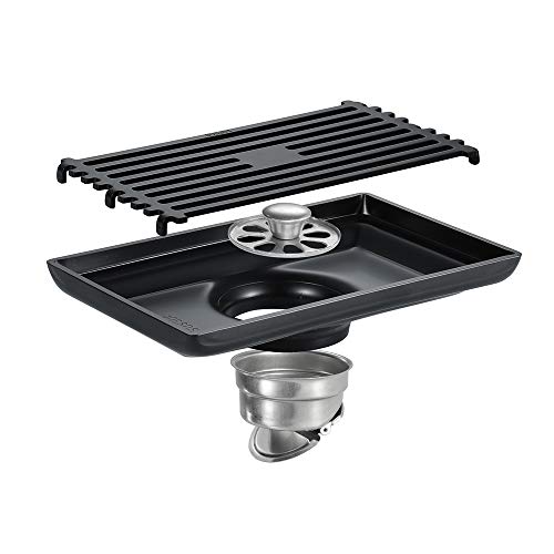 GLYYR Rectangular Black Floor Drain 304 Stainless Steel Linear Large Displacement Shower Drain with Filter Removable Cover Seal Deodorization Wetroom Drainage System, 145×90mm