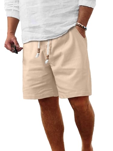 Image of Comdecevis Men's Linen Shorts Casual Elastic Waist Drawstring Summer Beach Vacation Yoga Golf Shorts with Pockets