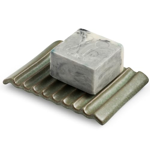 Ceramic Drain Soap Holder Waterfall Design Soap Saver for Shower, Bathroom, Sink, Kitchen and Countertop, Keeps Dry, Green