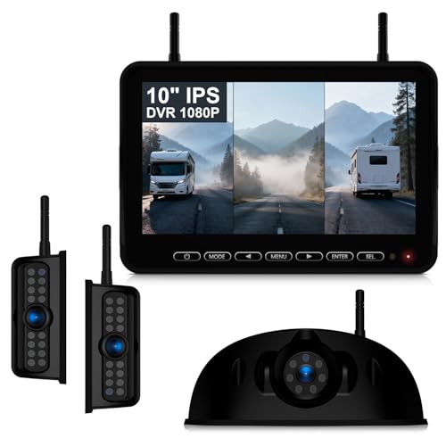 Image of Fookoo 1080P 10 inch Wireless RV Backup Camera System for Furrion Pre-Wired RV Truck Trailer, 10 inch IPS Monitor, 2 Side View 1 Rear View Cameras, Split Screen IR Night Vision Recording Waterproof - D10Y3
