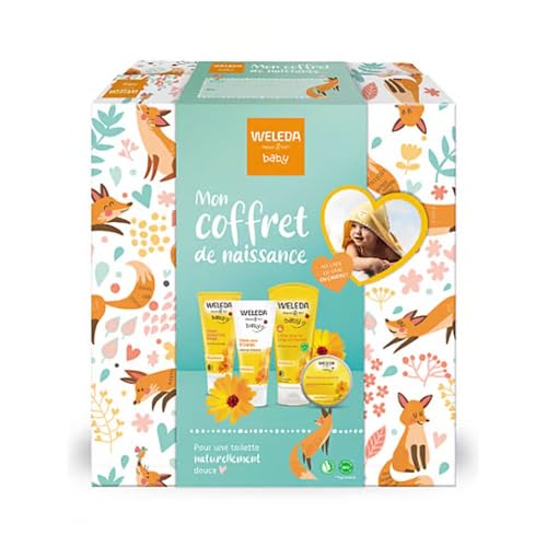 WELEDA – Estuche de regalo para nacimiento – Cuidado suave para el baño diario – Limpia y protege – NATRUE – 200 ml + 75 ml + 75 ml + 25 g