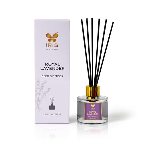Image of IRIS Aroma Reed Diffuser - 100ml | Elegant Home Fragrance with 6 Fiber Reeds, Glass Round Bottle with Gold Cap | Aroma Diffuser for Cozy Decor & Gifting (Royal Lavender)