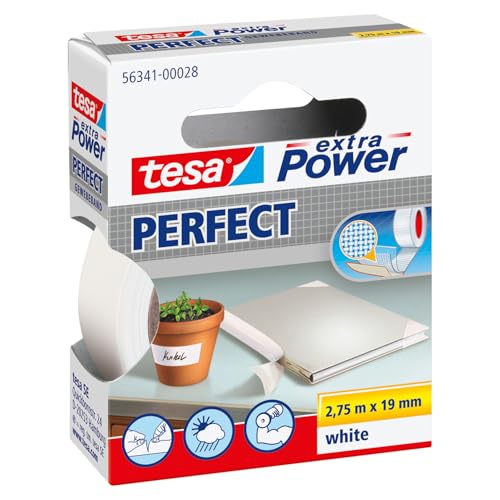 tesa extra Power Perfect Gewebeband - Gewebeverstärktes Ductape zum Basteln, Reparieren, Befestigen, Verstärken und Beschriften - Weiß - 2,75 m x 19 mm