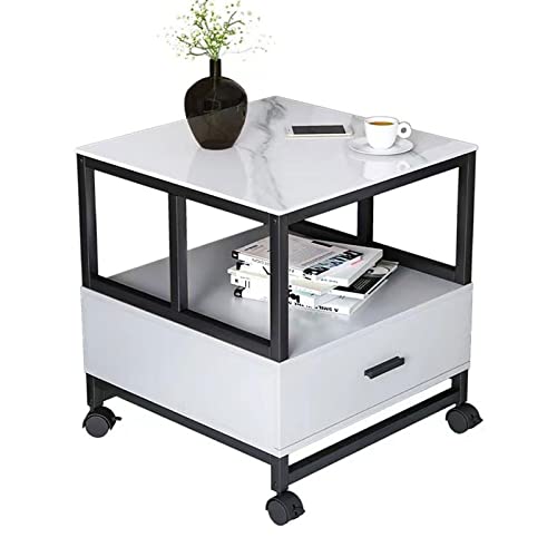 HJYBFA Mesa Auxiliar Cuadrada con Estante de Almacenamiento y cajón, mesita de Noche de 2 Niveles con Ruedas, Organizador, fácil Montaje, Color café, 24,4 Pulgadas de Alto para Sal