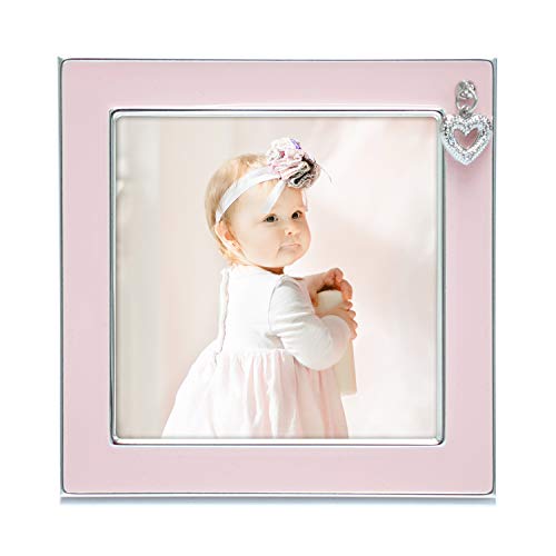 MIMOSA MOMENTS Silver Plated Metal Baby Picture Frame with Pink Enamel and a Heart Charm (4x4, Silver & Pink)