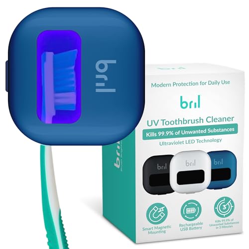 Bril UV-C Toothbrush Cleaner and Holder – Wall Mounted Toothbrush Head Cover, Electric & Manual Brush Cleaner Cover Case with Magnetic Mount, Portable, Durable, Rechargeable, Universal Fit – Navy