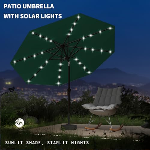 Image of 9FT Patio Umbrella with Solar Lights,Outdoor Market Umbrella with Tilt and Crank, LED Lighted Table Umbrella for Garden,Deck,Backyard,Pool,Beach (Dark Green)
