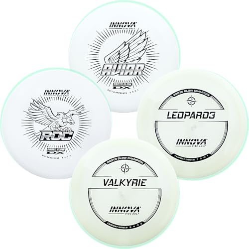 Gotta Go Gotta Throw Inc. INNOVA Glow Disc Golf Starter Set – 140-180g – New Proto Glow Plastics – PDGA Approved Set – Includes Bag