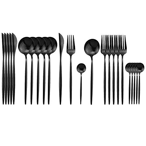 JASHII Black Flatware Serving Set 24 Piece Stainless Steel Silverware Set Titanium Black Cutlery Set Modern Elegant Tableware Set for Party Christmas Dinner Black
