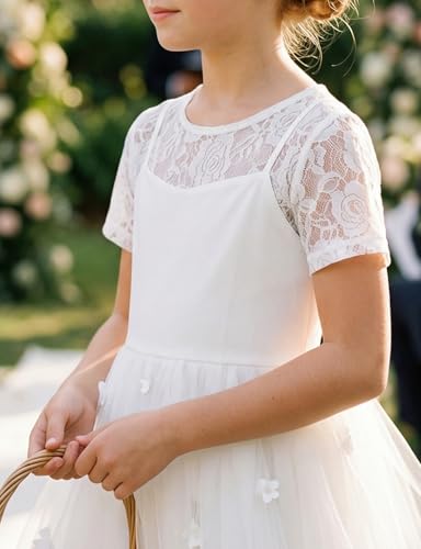 Image of Noomelfish Girls Lace Short Sleeve Layering Tops Sheer Mesh Tee Shirts Blouse (5-12 Years)