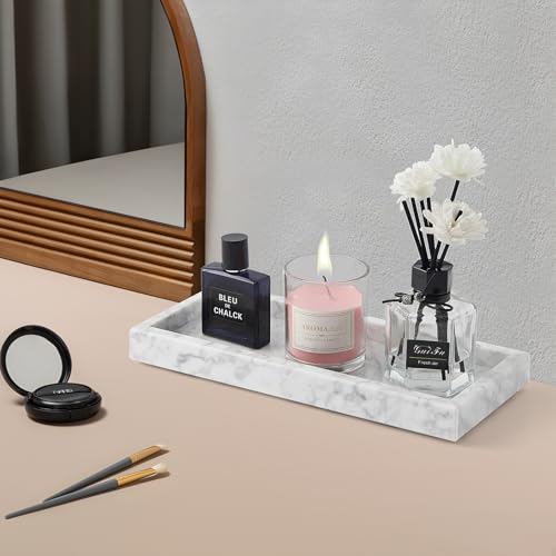Image of Real Natural Marble Tray for Bathroom, Vanity, Kitchen and Desktop, Rectangle Genuine Marble Stone Tray for Jewelry, Cosmetics, Candles, Lotion, Perfume and Home Decor, 12 inchx5 inch Size