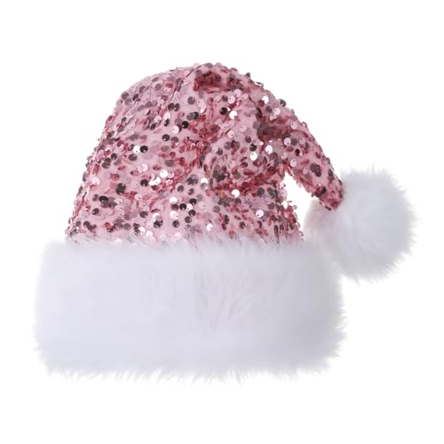 Slsxip Personalized Sequin Santa Hat for Adults, Light Pink Glitter Christmas Party Hat, Xmas Halloween New Year Holiday Festive Headwear