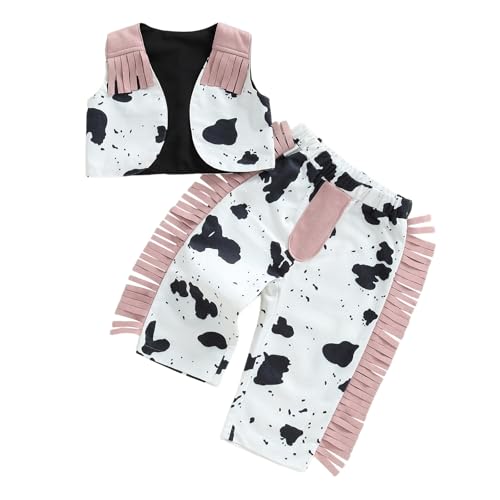 Rourufy Toddler Baby Girl Western Outfit Kids Cowgirl Cow Print Top Vest Tassel Pants 2pcs Set Girls Spring Fall Clothes (A Cow Print Pink 6-12 Months)