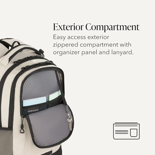 Image of SWISSGEAR Cecil 18-Inch Laptop Backpack Fits 16-Inch Laptop, Travel Daypack with Organizer Pockets, Water Bottle Holders & Padded Straps - Cream /Black