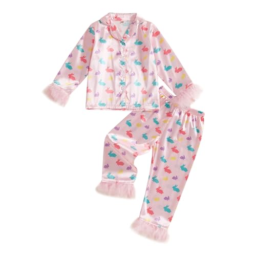 Multitrust Baby Girl Easter Day Silk Pajamas Set Bunny Carrot Button Down Feather Trim Sleeve Shirts Pants 2PCS Satin Pj Sets