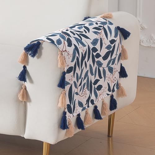 Image of HOKIPO Premium Holland Velvet Sofa Armrest Cover | Printed Design Arm Cover with Tassels | 'Whispers of Nature' (1 Pair) Indigo Foliage (IN-1115-D10*2SC)