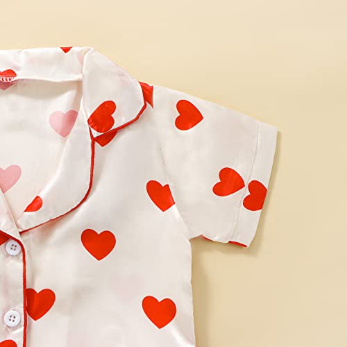 MAINESAKA Toddler Baby Girl Silk Satin Pajamas Valentines Day Pjs Heart Print Button Down Shirt Shorts/Long Pants Sleepwear4