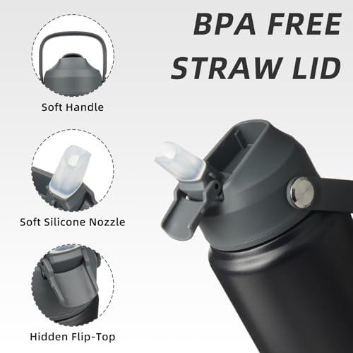 Image of BJPKPK Water Bottle with Straw Lid, 24oz Vacuum Insulated Water Bottles, Metal Stainless Steel Thermo for Sports, Travel, BPA Free Leak Proof Thermo, Cups, Flasks, Tumblers,Black