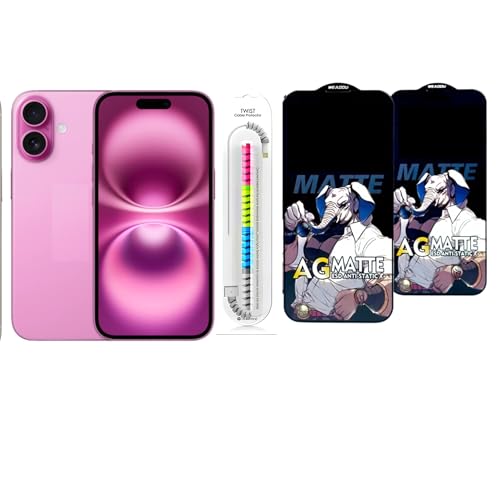 Image of Edge To Edge Matte Tempered Glass Screen Protector Compatible With iPhone 16 Plus, 9H Hardness, Anti-Fingerprint, FHD Clear With Cable Protector Pack 2