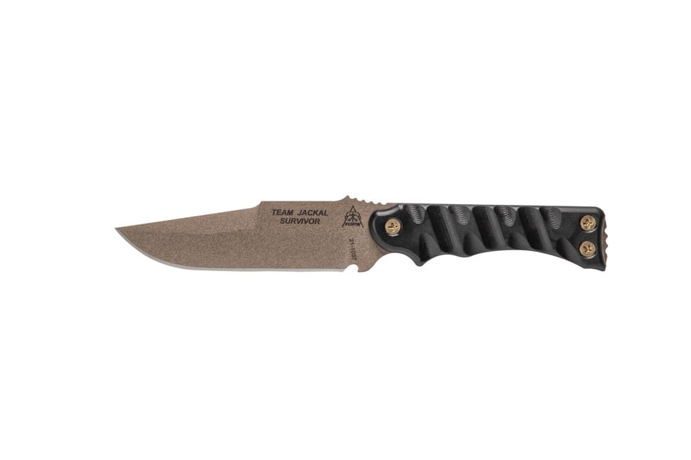 TOPS Knives Team Jackal Survivor Full Tang Fixed Blade- Coyote Tan Coating Blade Finish- Black Kydex Sheath w/Rotating Spring Steel Clip