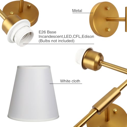 Image of PERMO Classic Rustic Double Sconce Large 2-Lights Wall Sconce with Flared White Textile Lamp Shade and Antique Brass Finished Long Arm, Wall Sconce Light Fixture for Living Room Bathroom Bedroom