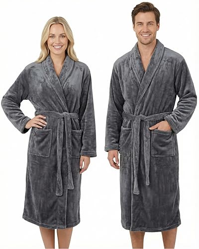 Gräfenstayn® Damen & Herren Kuschelfleece Bademantel ohne Kapuze mit Öko-Tex Standard 100 in Größe S-XXXL (M, Anthrazit)